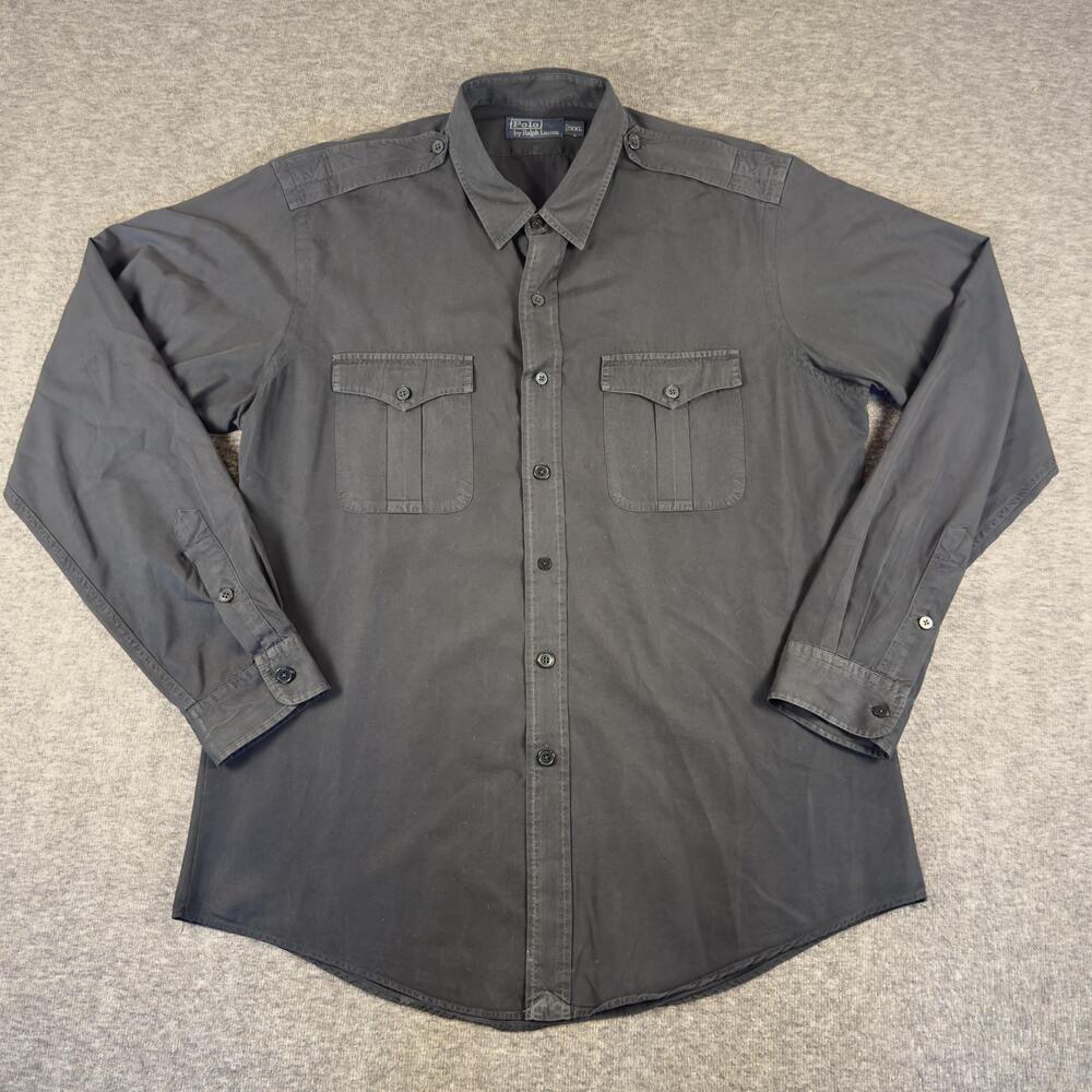 Vintage Polo Ralph Lauren Shirt Mens 2XL Black Long Sleeve Military Button 90s